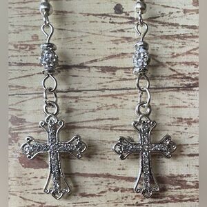 Sparkling Silver Cross Drop Earrings
